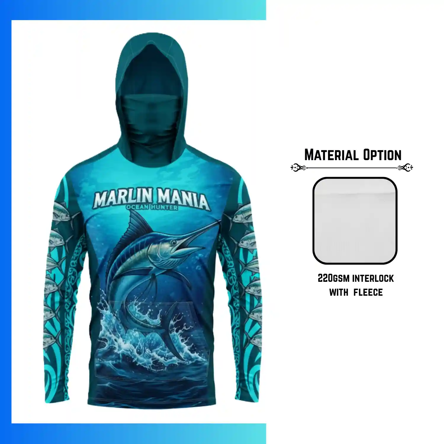 Custom Full Sublimation Lightweight Hoodie with Integrated Gaiter & Kangaroo Pocket – 220G Fleece-Lined Performance Hoodie