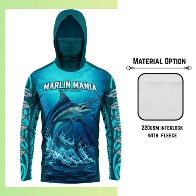 Custom full sublimation printed 220gsm ultra light hoodie with integrated gaiter and kangaroo pocket for unisex and kids laid flat, showcasing vibrant design on fleece-lined fabric with attached hood, gaiter, and front pocket