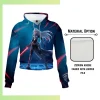 Custom full sublimation printed 250gsm lightweight cropped hoodie for unisex and kids laid flat, showcasing vibrant design on trendy boxy fit garment with attached hood