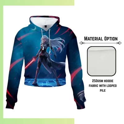 Custom full sublimation printed 250gsm lightweight cropped hoodie for unisex and kids laid flat, showcasing vibrant design on trendy boxy fit garment with attached hood