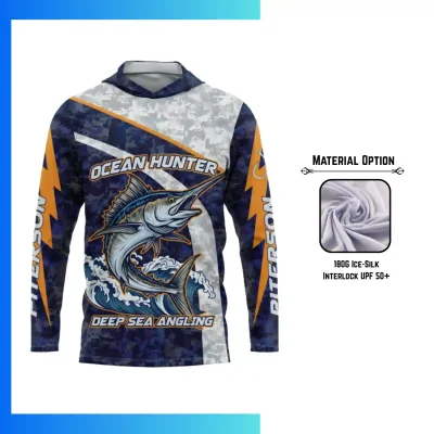 Custom 180G Ice-Silk Interlock UPF 50+ Long Sleeve Hooded Fishing T-Shirt