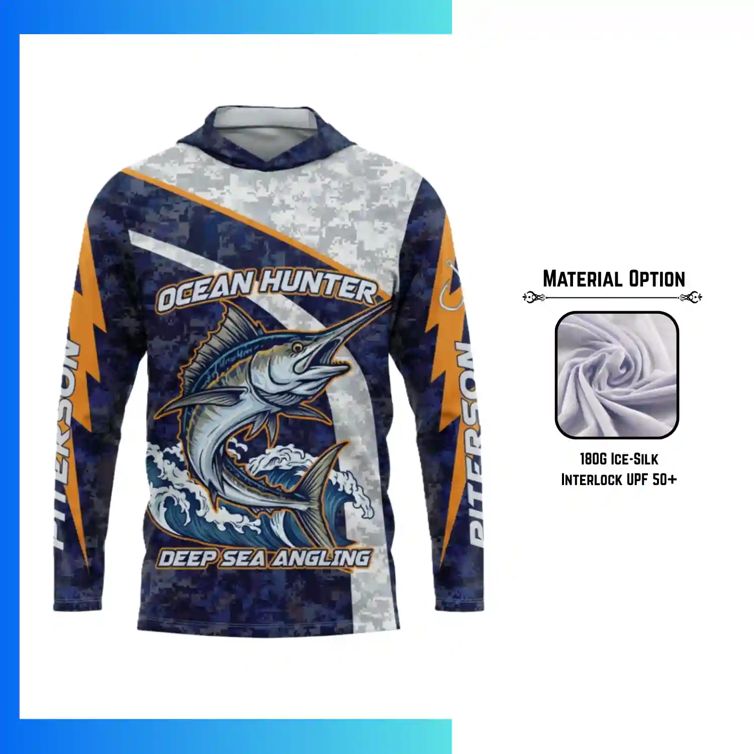 Custom 180G Ice-Silk Interlock UPF 50+ Long Sleeve Hooded Fishing T-Shirt