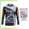 Custom full sublimation printed 180gsm ice-silk UPF50+ long sleeve hooded fishing t-shirt for unisex and kids laid flat, showcasing vibrant design on sun-protective fabric with single-layer hood