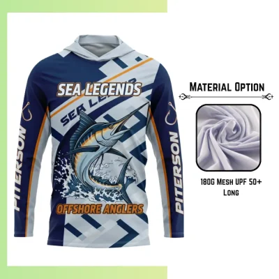 Custom full sublimation printed 180gsm mesh UPF50+ long sleeve hooded fishing t-shirt for unisex and kids laid flat, showcasing vibrant design on breathable fabric with single-layer hood