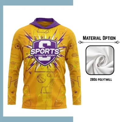 Custom full sublimation printed 280g polyester twill hoodie with kangaroo pocket for unisex and kids laid flat, showcasing vibrant design on structured fabric with attached hood and front pocket