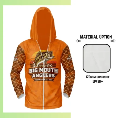: Custom full sublimation printed solarprotec UPF50+ long sleeve hooded full-zip hoodie with kangaroo pocket for unisex and kids laid flat, showcasing vibrant design on sun-protective fabric with full front zipper, attached hood, and front pocket
