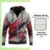 Custom full sublimation printed 250gsm lightweight full-zip hoodie with kangaroo pocket for men, women and kids laid flat, showcasing vibrant design on looped pile fabric with full front zipper, attached hood, and front pocket