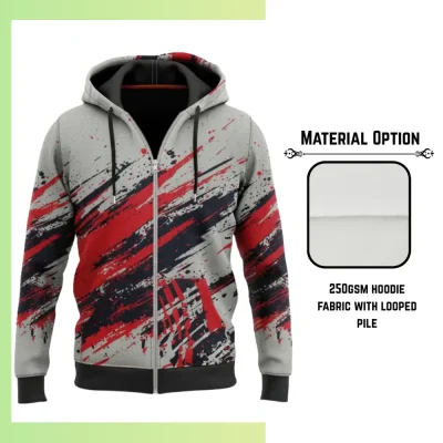 Custom full sublimation printed 250gsm lightweight full-zip hoodie with kangaroo pocket for men, women and kids laid flat, showcasing vibrant design on looped pile fabric with full front zipper, attached hood, and front pocket
