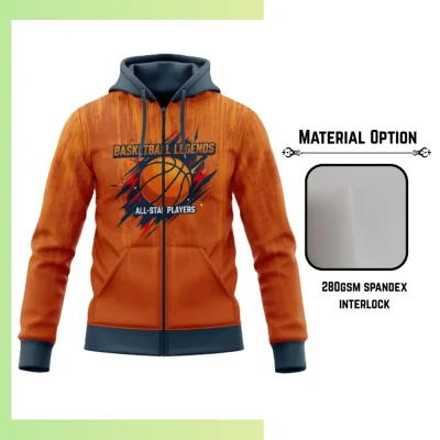 Custom full sublimation printed 280gsm heavyweight full-zip hoodie with kangaroo pocket for men, women and kids laid flat, showcasing vibrant design on premium stretch fabric with full front zipper, attached hood, and front pocket