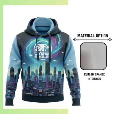 Custom full sublimation printed 280gsm half-zip hoodie for men, women and kids laid flat, showcasing vibrant design on premium stretch fabric with quarter-zip front and attached hood