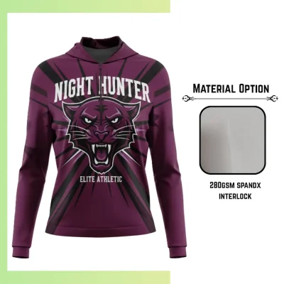 Custom full sublimation printed 280gsm quarter-zip hoodie for men, women and kids laid flat, showcasing vibrant design on premium stretch fabric with classic quarter-zip front and attached hood