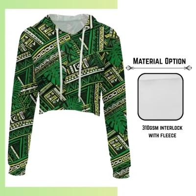 Custom full sublimation printed 310gsm fleece-lined cropped hoodie for unisex and kids laid flat, showcasing vibrant design on heavyweight trendy garment with attached hood