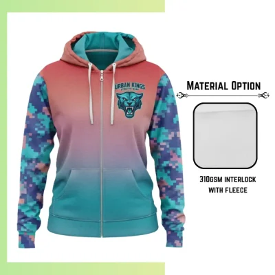 Custom full sublimation printed 310gsm fleece-lined full-zip hoodie with kangaroo pocket for men, women and kids laid flat, showcasing vibrant design on heavyweight winter fabric with full front zipper, attached hood, and front pocket