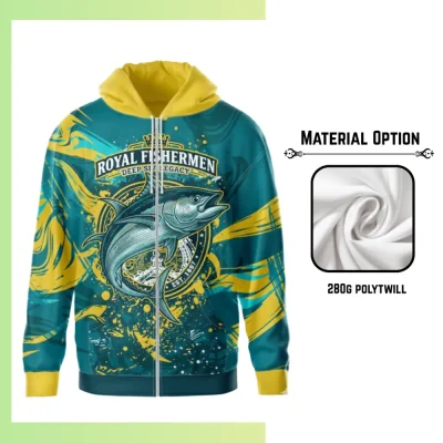 Custom full sublimation printed 280g polyester twill full-zip hoodie with kangaroo pocket for unisex and kids laid flat, showcasing vibrant design on structured fabric with full front zipper, attached hood, and front pocket.