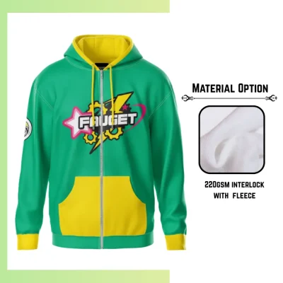Custom full sublimation printed 220gsm ultra light full-zip hoodie with kangaroo pocket for unisex and kids laid flat, showcasing vibrant design on fleece-lined fabric with full front zipper, attached hood, and front pocket