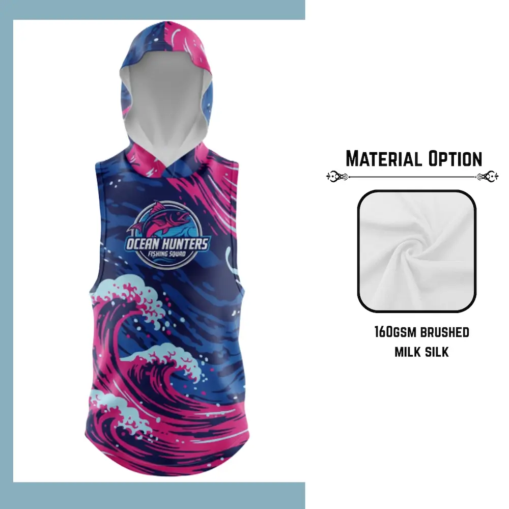 Custom full sublimation printed 160gsm brushed milk silk sleeveless hooded t-shirt for unisex and kids laid flat, showcasing vibrant design on ultra-soft fabric with single-layer hood