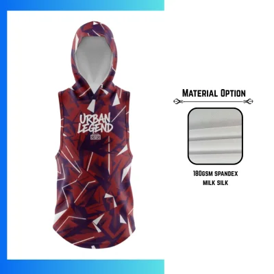 Custom Full Sublimation 2-Way Stretch Milk Silk Sleeveless Hooded T-Shirt with 180GSM Performance Hoodie Tank