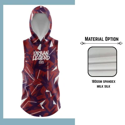 Custom full sublimation printed 180gsm spandex milk silk sleeveless hooded t-shirt for unisex and kids laid flat, showcasing vibrant design on silky stretch fabric with single-layer hood