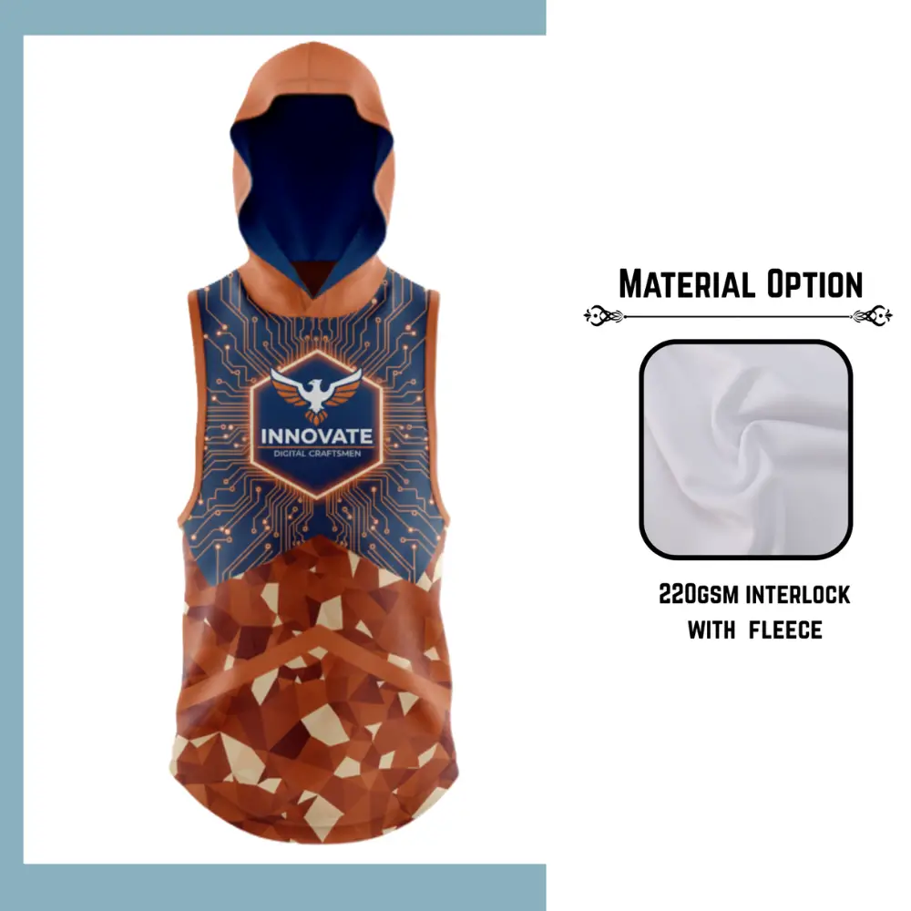 Custom full sublimation printed 220gsm ultra light sleeveless hoodie for unisex and kids laid flat, showcasing vibrant design on fleece-lined fabric with kangaroo pocket and hood