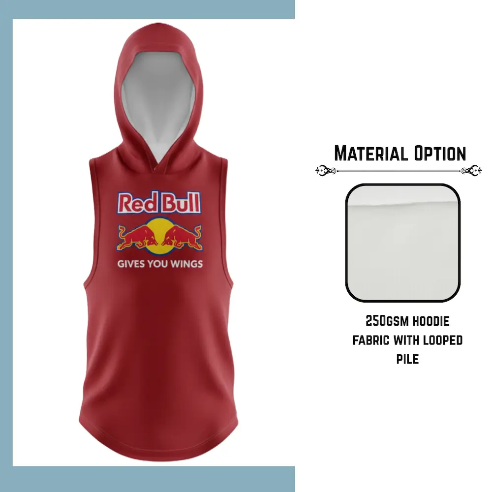 Custom full sublimation printed 250gsm lightweight sleeveless hoodie for unisex and kids laid flat, showcasing vibrant design on looped pile fabric with kangaroo pocket and hood