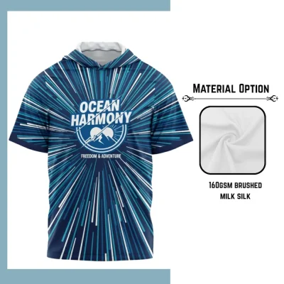 Custom full sublimation printed 160gsm brushed milk silk short sleeve hooded t-shirt for unisex and kids laid flat, showcasing vibrant design on ultra-soft fabric with single-layer hood