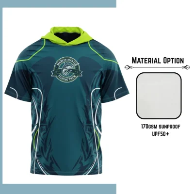 Custom full sublimation printed 170gsm solarprotec UPF50+ short sleeve hooded t-shirt for unisex and kids laid flat, showcasing vibrant design on sun-protective fabric with single-layer hood