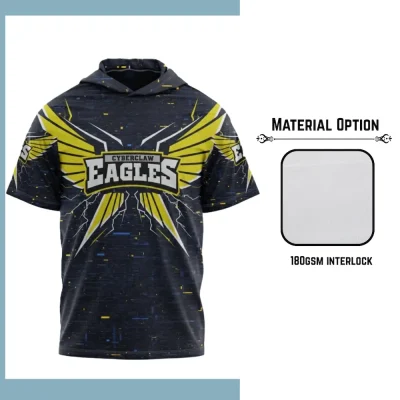 Close-up detail of 180gsm interlock smooth knit texture on custom sublimated short sleeve hoodie for unisex and kids