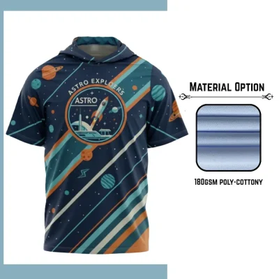 Custom full sublimation printed 180gsm cotton-feel short sleeve hooded t-shirt for unisex and kids laid flat, showcasing vibrant design on soft fabric with single-layer hood