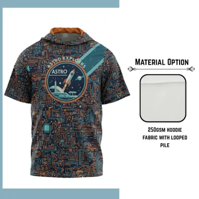 Custom full sublimation printed 250gsm lightweight short sleeve hoodie for unisex and kids laid flat, showcasing vibrant design on looped pile fabric with kangaroo pocket and hood