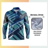 Custom sublimation long sleeve sport polo shirt in 150gsm both side polyester fabric with vibrant all-over geometric pattern.