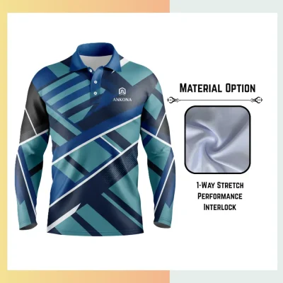 Custom sublimation long sleeve sport polo shirt in 150gsm both side polyester fabric with vibrant all-over geometric pattern.