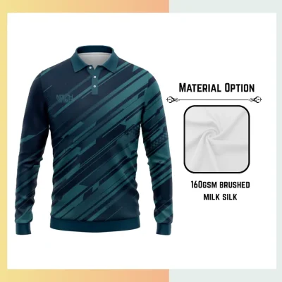 Custom full sublimation long sleeve polo in 160gsm brushed milk silk fabric with vibrant all-over geometric pattern