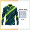 Custom full sublimation printed 75d pique long sleeve polo for men, women and kids laid flat, showcasing vibrant design on textured fabric with 3-button placket