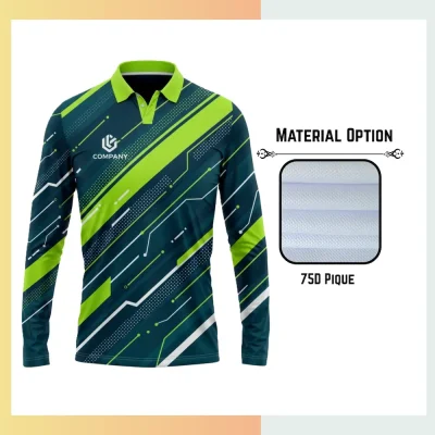 Custom full sublimation printed 75d pique long sleeve polo for men, women and kids laid flat, showcasing vibrant design on textured fabric with 3-button placket