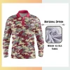 Custom sublimated long sleeve fishing polo in 160-180gsm ice silk fabric with vibrant all-over geometric pattern