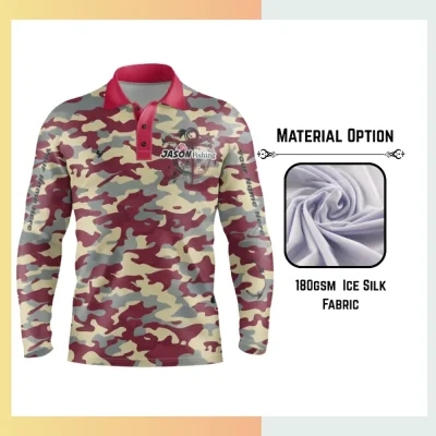 Custom sublimated long sleeve fishing polo in 160-180gsm ice silk fabric with vibrant all-over geometric pattern