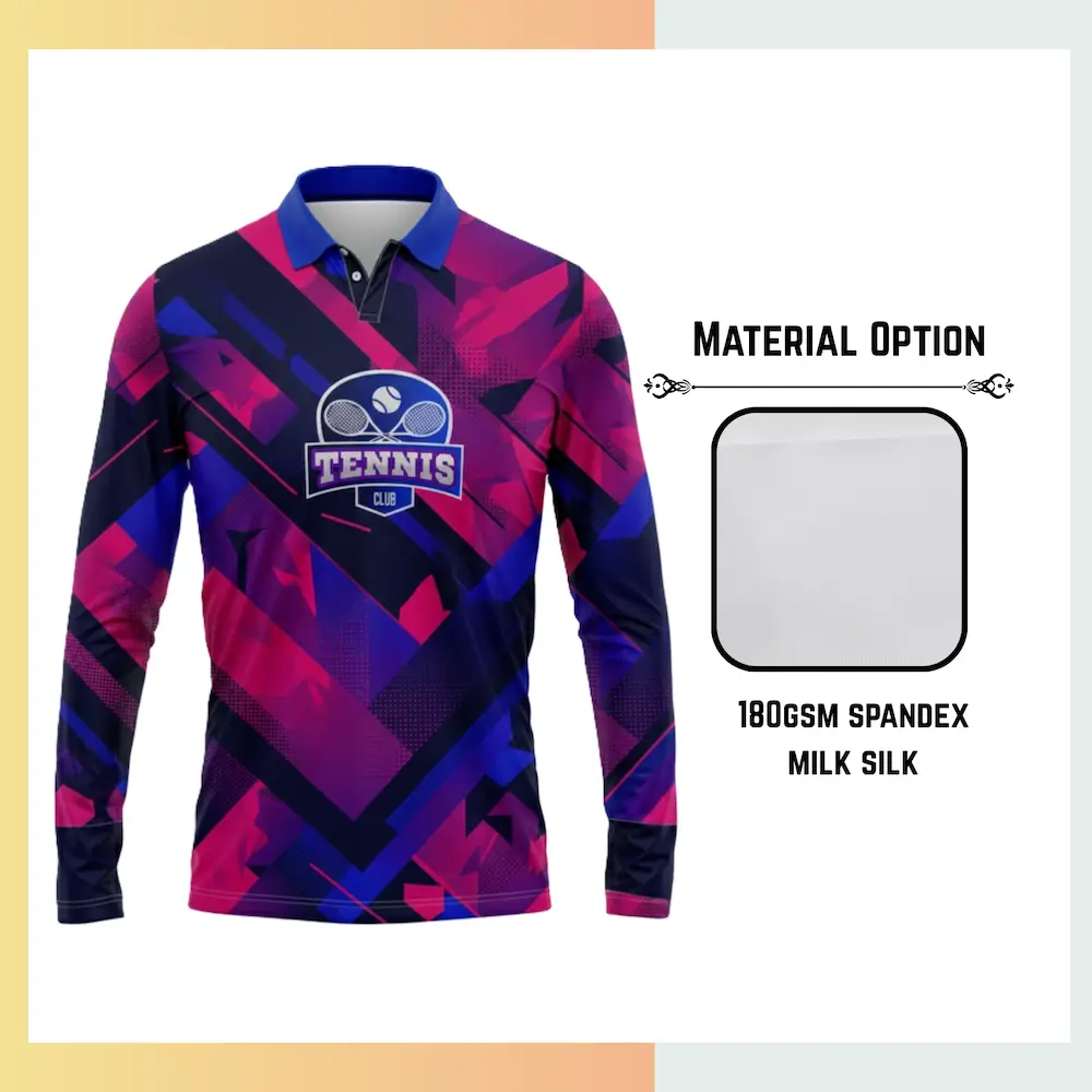 Custom full sublimation long sleeve polo in 180gsm 2-way stretch milk silk fabric with vibrant all-over geometric pattern