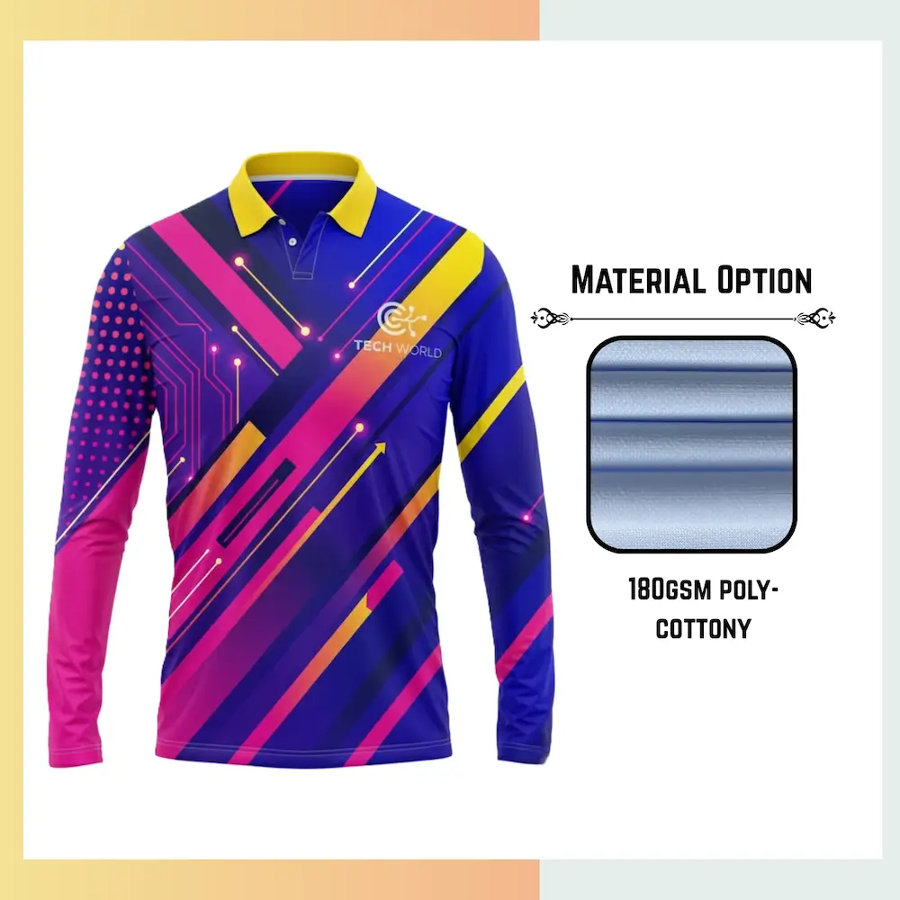 Custom full sublimation long sleeve polo in 180gsm 2-way stretch milk silk fabric with vibrant all-over geometric pattern