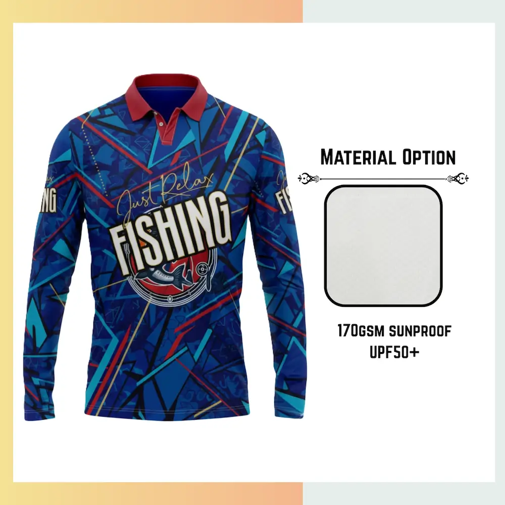 Custom full sublimation printed solarprotec UPF50+ long sleeve polo for men and women laid flat, showcasing vibrant design on sun-protective fabric with 3-button placket