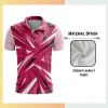 Custom full sublimation printed men's short sleeve performance polo laid flat, showcasing vibrant design on 150gsm flashed v fabric.