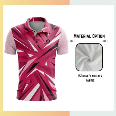 Custom full sublimation printed men's short sleeve performance polo laid flat, showcasing vibrant design on 150gsm flashed v fabric.