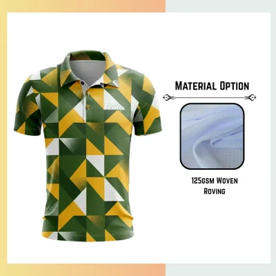 Custom full sublimation printed men's short sleeve golf polo laid flat, showcasing vibrant design on 125gsm woven roving textured fabric.