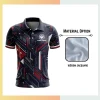 Custom full sublimation printed men's short sleeve golf polo laid flat, showcasing vibrant design on 160gsm jacquard textured fabric.
