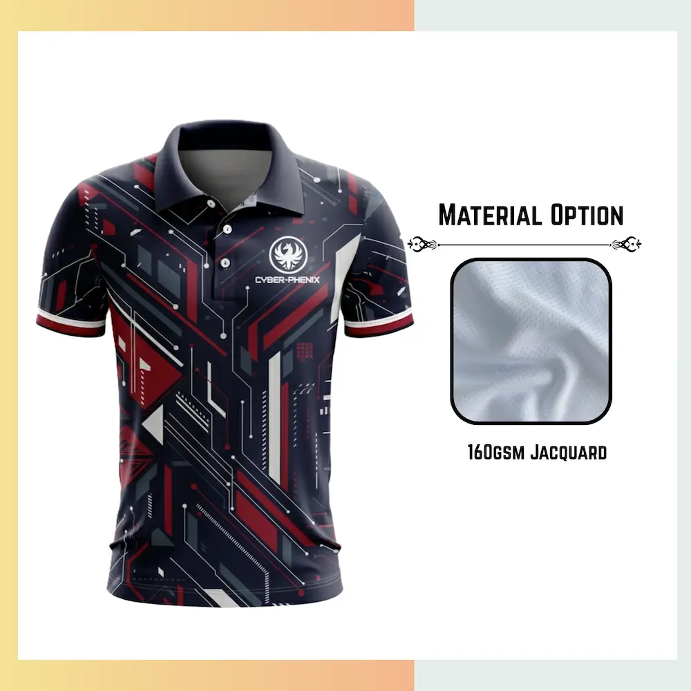 Custom full sublimation printed men's short sleeve golf polo laid flat, showcasing vibrant design on 160gsm jacquard textured fabric.