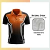 Custom full sublimation printed men's short sleeve golf polo laid flat, showcasing vibrant design on 160gsm butterfly soft fabric.