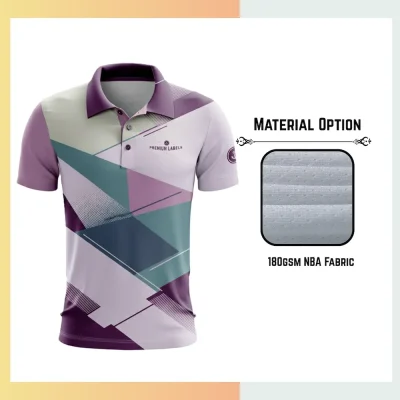 Custom full sublimation printed men's short sleeve golf polo laid flat, showcasing vibrant design on 180gsm NBA durable fabric.