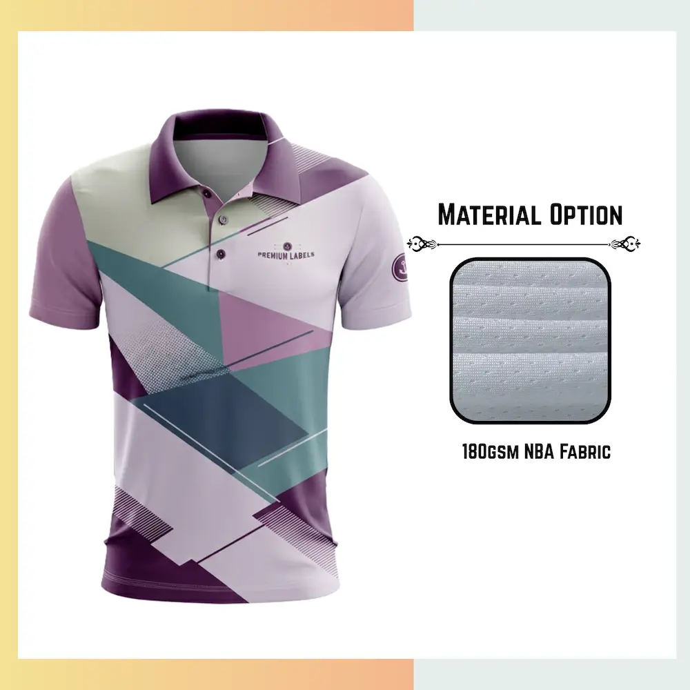 Custom full sublimation printed men's short sleeve golf polo laid flat, showcasing vibrant design on 180gsm NBA durable fabric.