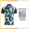 Custom full sublimation printed men's short sleeve golf polo laid flat, showcasing vibrant design on 150gsm jacquard stripe textured fabric.