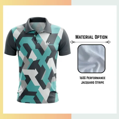 Custom full sublimation printed men's short sleeve golf polo laid flat, showcasing vibrant design on 150gsm jacquard stripe textured fabric.