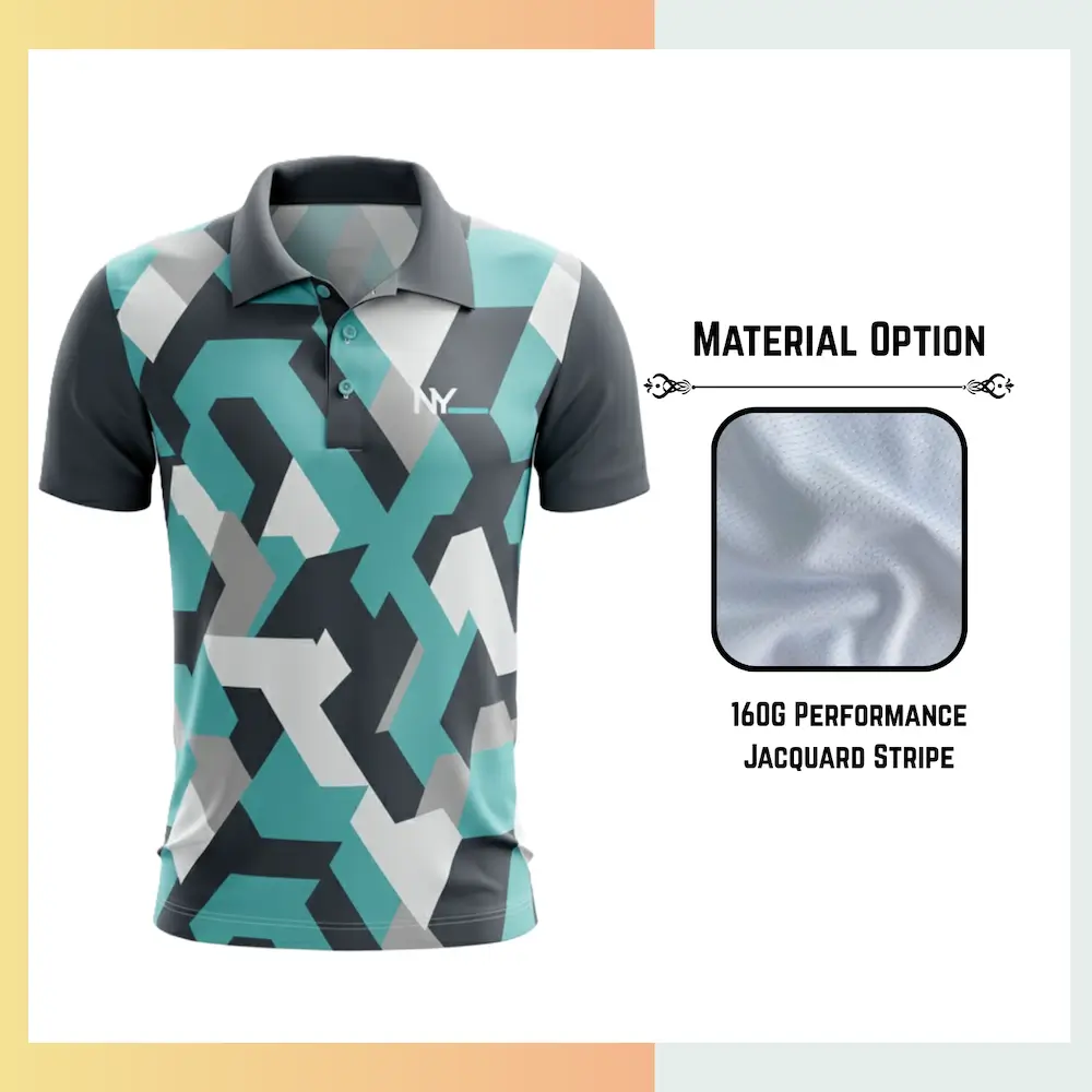 Custom full sublimation printed men's short sleeve golf polo laid flat, showcasing vibrant design on 150gsm jacquard stripe textured fabric.